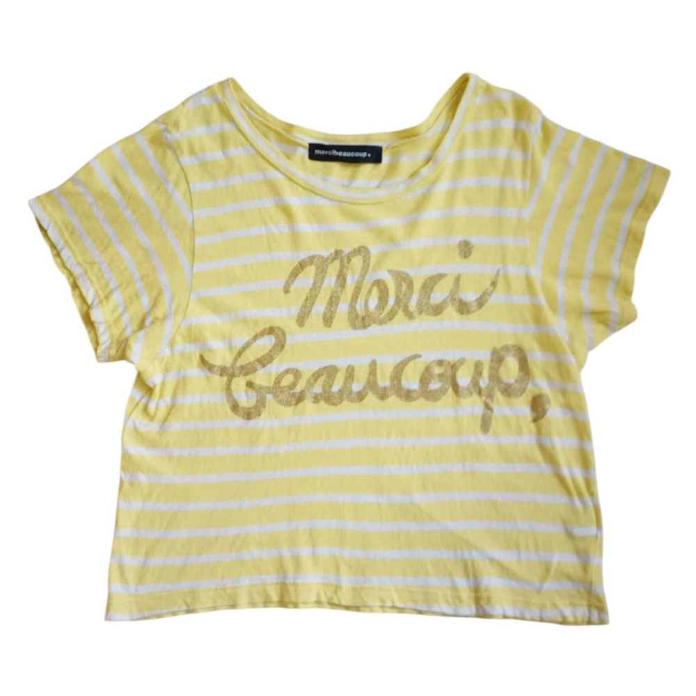 Merci Beaucoup by Issey Miyake Yellow Striped Graphic T-shirt Size Small